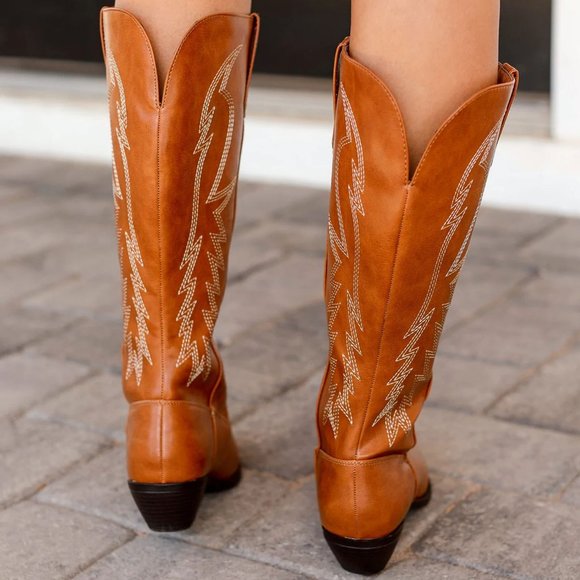 NEW๐ฅ Cognac Embroidered Cowboy Western Boots Knee High Low Block Heel Pull-On - Picture 4 of 7